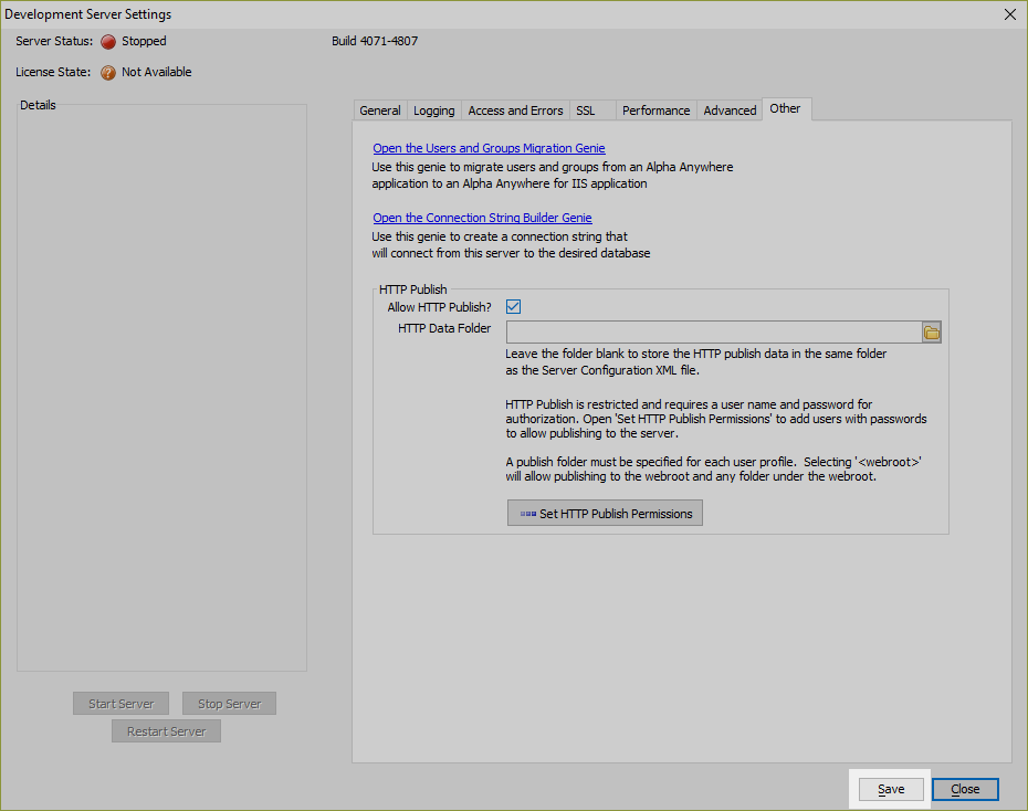 After enabling HTTP Publish, the settings must be saved before you can configure HTTP Publish permissions.